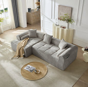 Divano angolare in tessuto chenille grigio chiaro 263 cm con schienale ergonomico e tasca laterale porta riviste