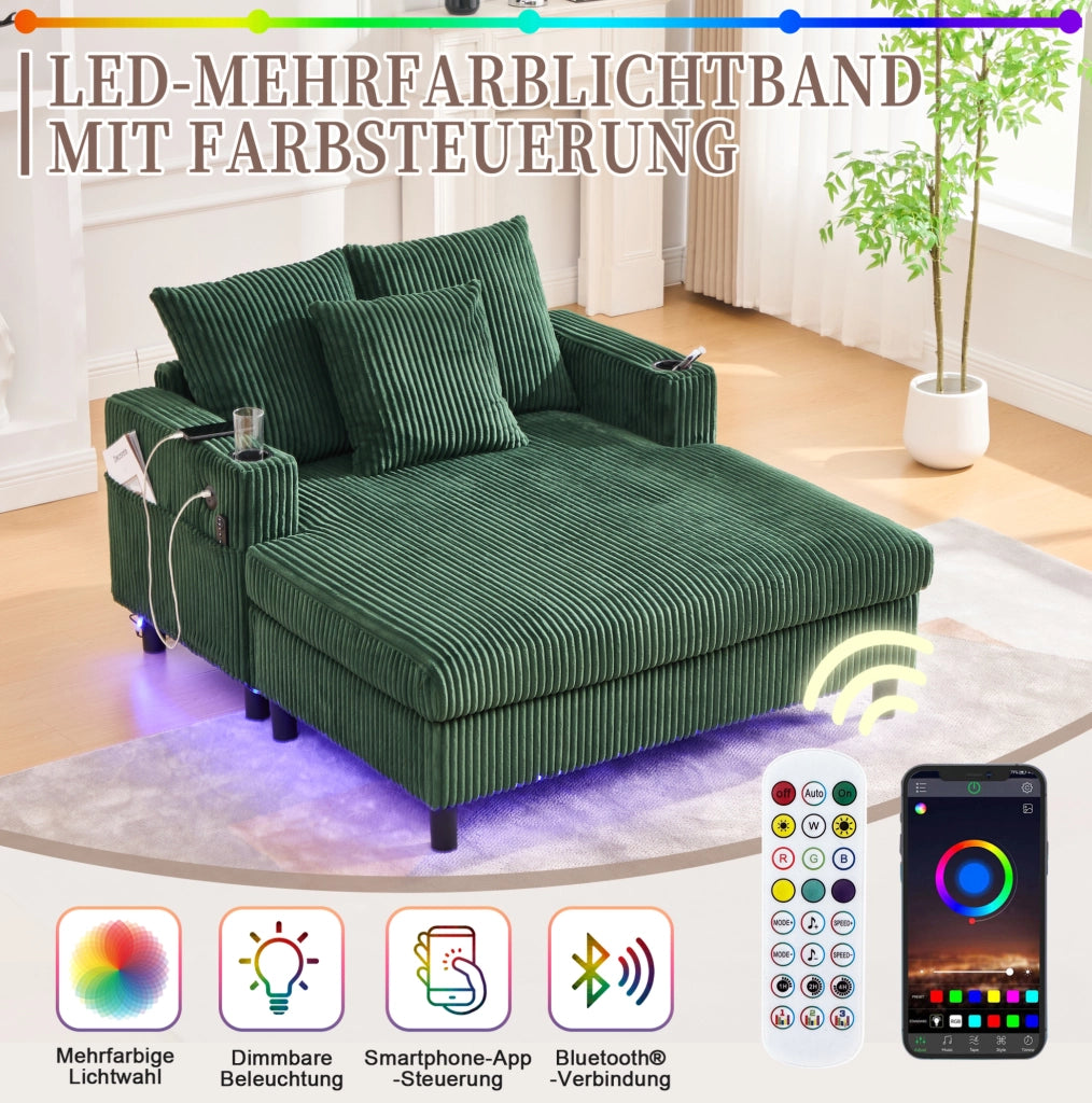 Poltrona relax extra large con LED; USB e porta bicchiere 142x128x85 cm in velluto a coste verde smeraldo