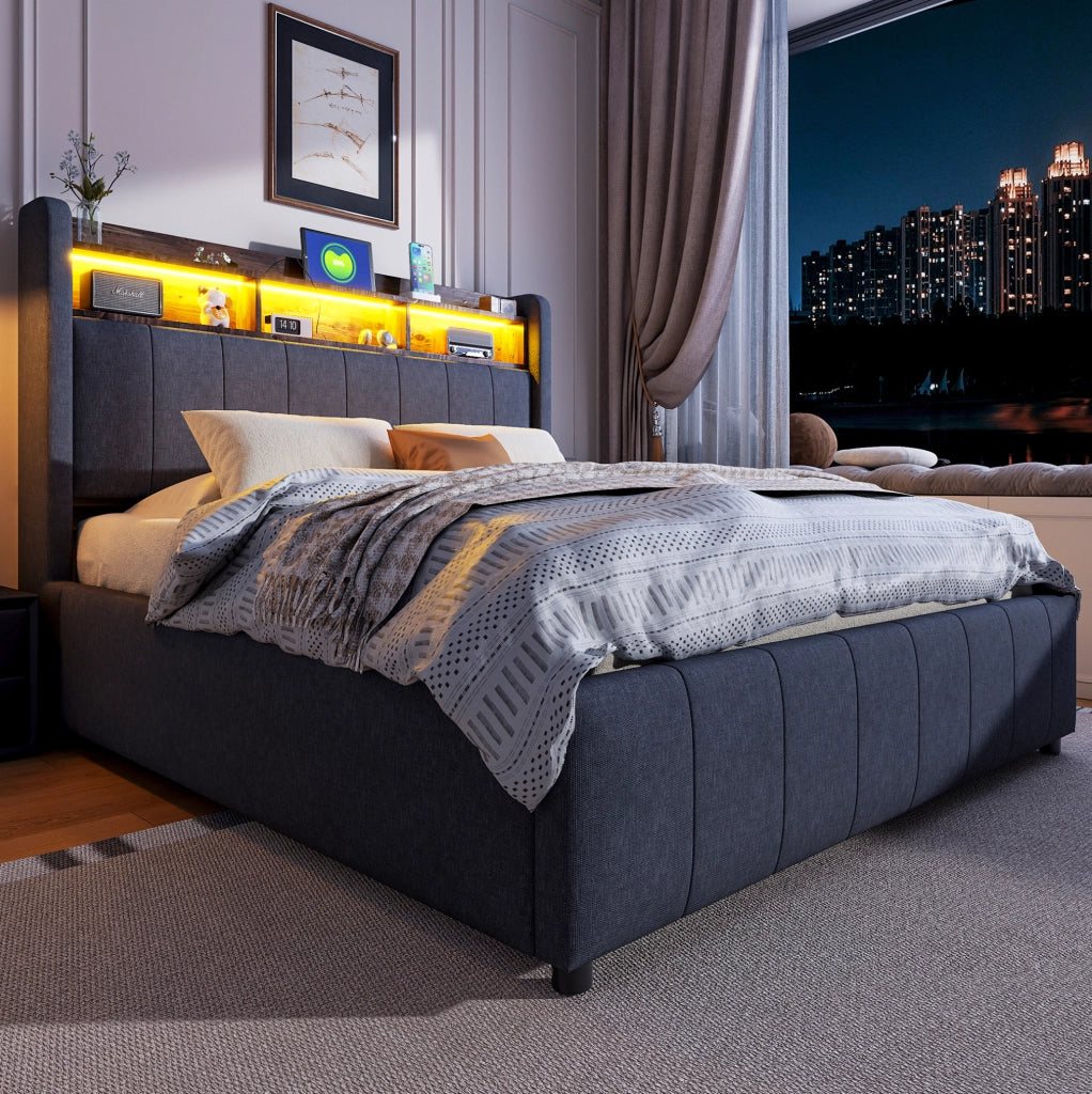 Polsterbett 140x200 cm con LED; USB e Type-C; contenitore idraulico; grigio