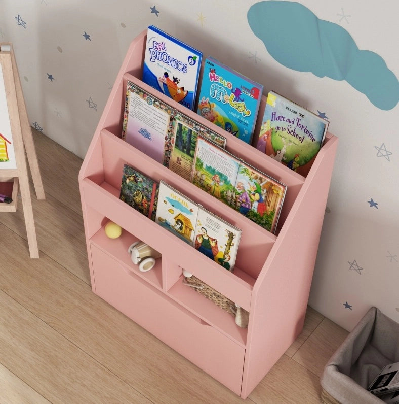 Libreria per bambini rosa con cassetto e 5 vani, 60x29,9x90 cm