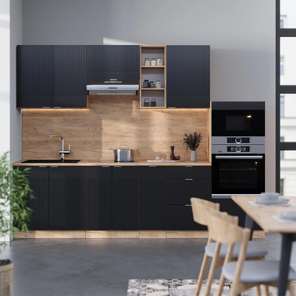 Cucina componibile Fame-Line Nero rigato/Rovere dorato 280 cm, PL Rovere Vicco