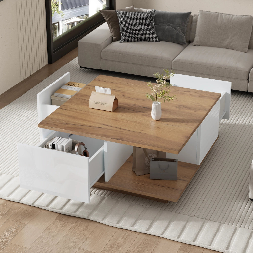 Tavolino basso quadrato con 3 cassetti e vano aperto in truciolare bianco e legno per soggiorno 70 × 70 × 31,5 cm