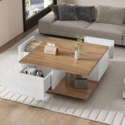 Tavolino basso quadrato con 3 cassetti e vano aperto in truciolare bianco e legno per soggiorno 70 × 70 × 31,5 cm