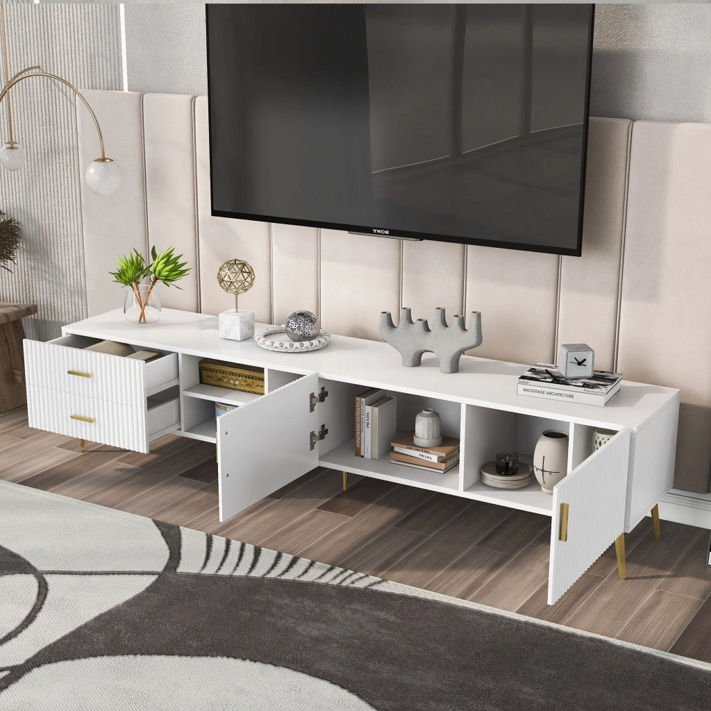 Mobile porta TV bianco in MDF con 2 cassetti e vani aperti, moderno e capiente