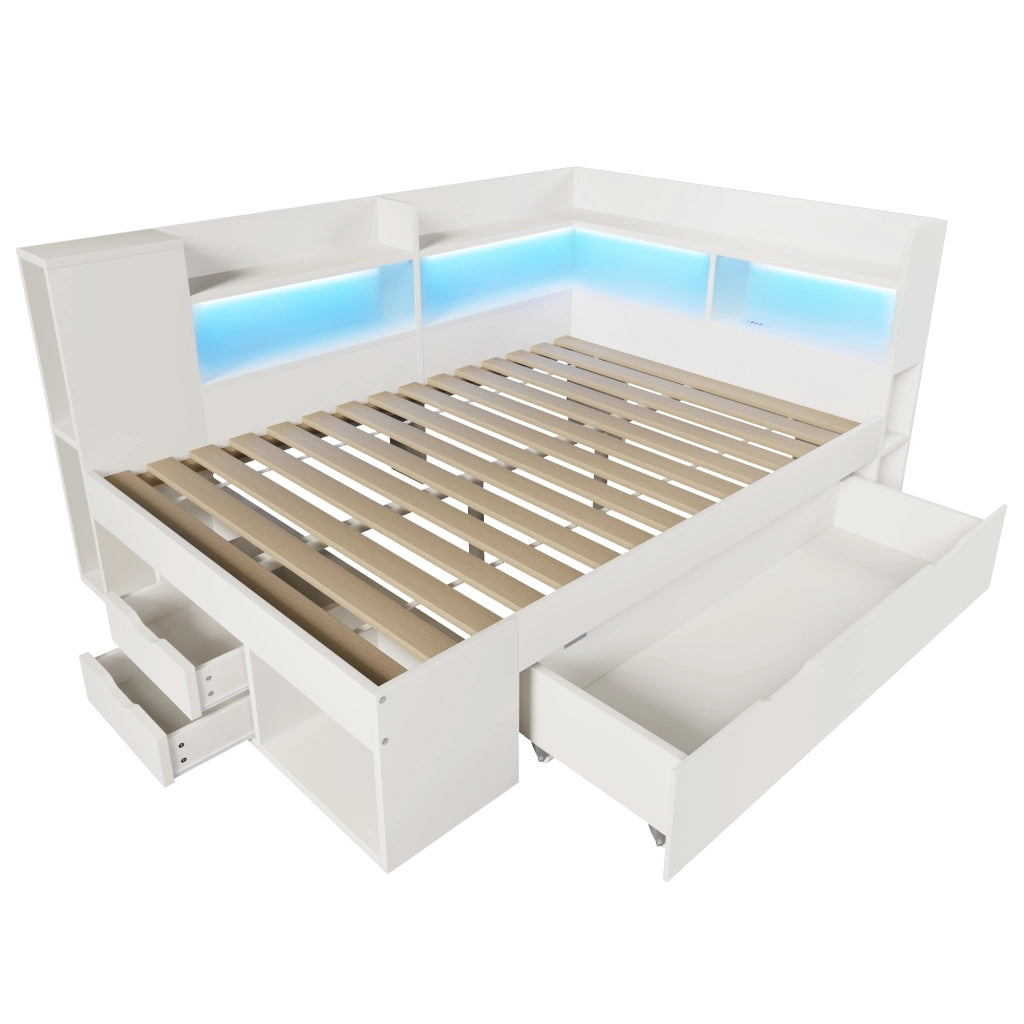 Letto 140 x 200 cm con 3 cassetti e LED, letto matrimoniale con ripiani e porte USB in legno bianco, materasso non incluso