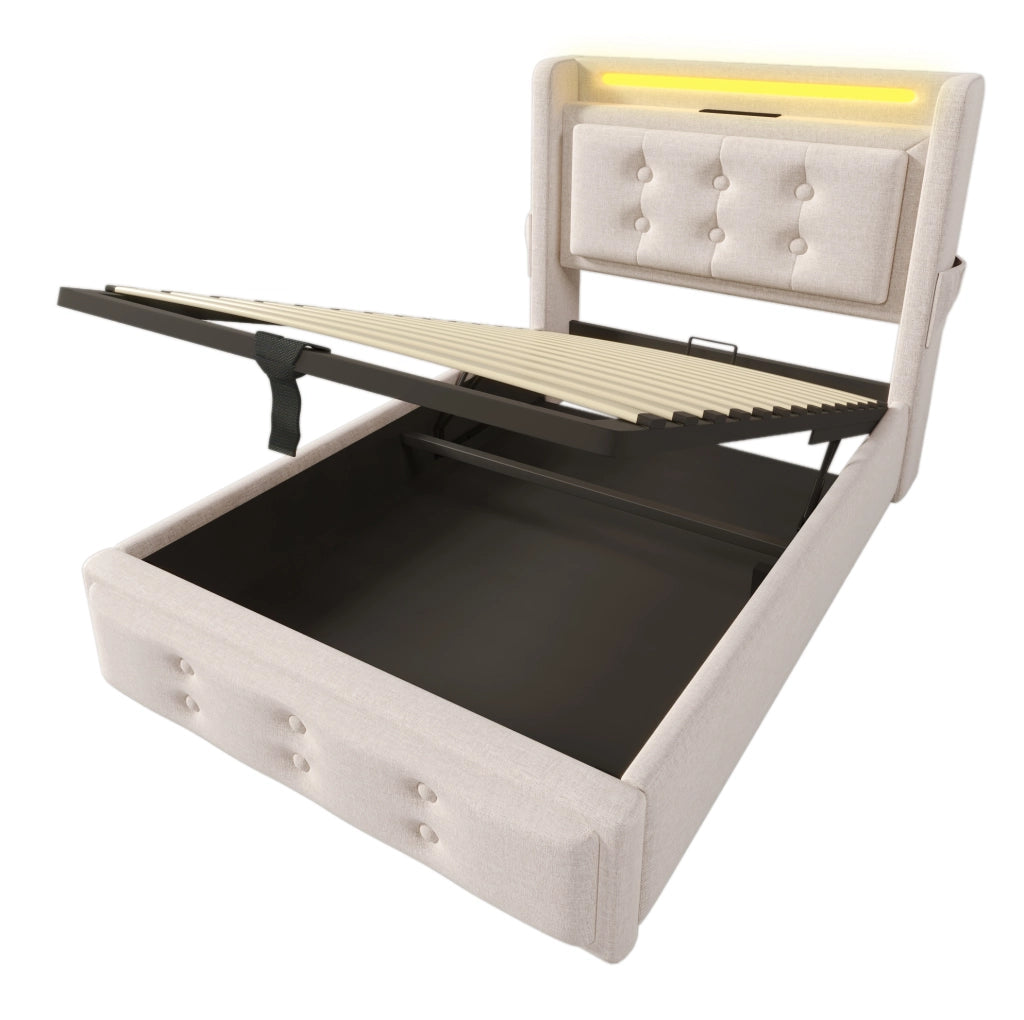 Letto singolo 90x200 in cotone e metallo beige con LED， USB-C e vano contenitore