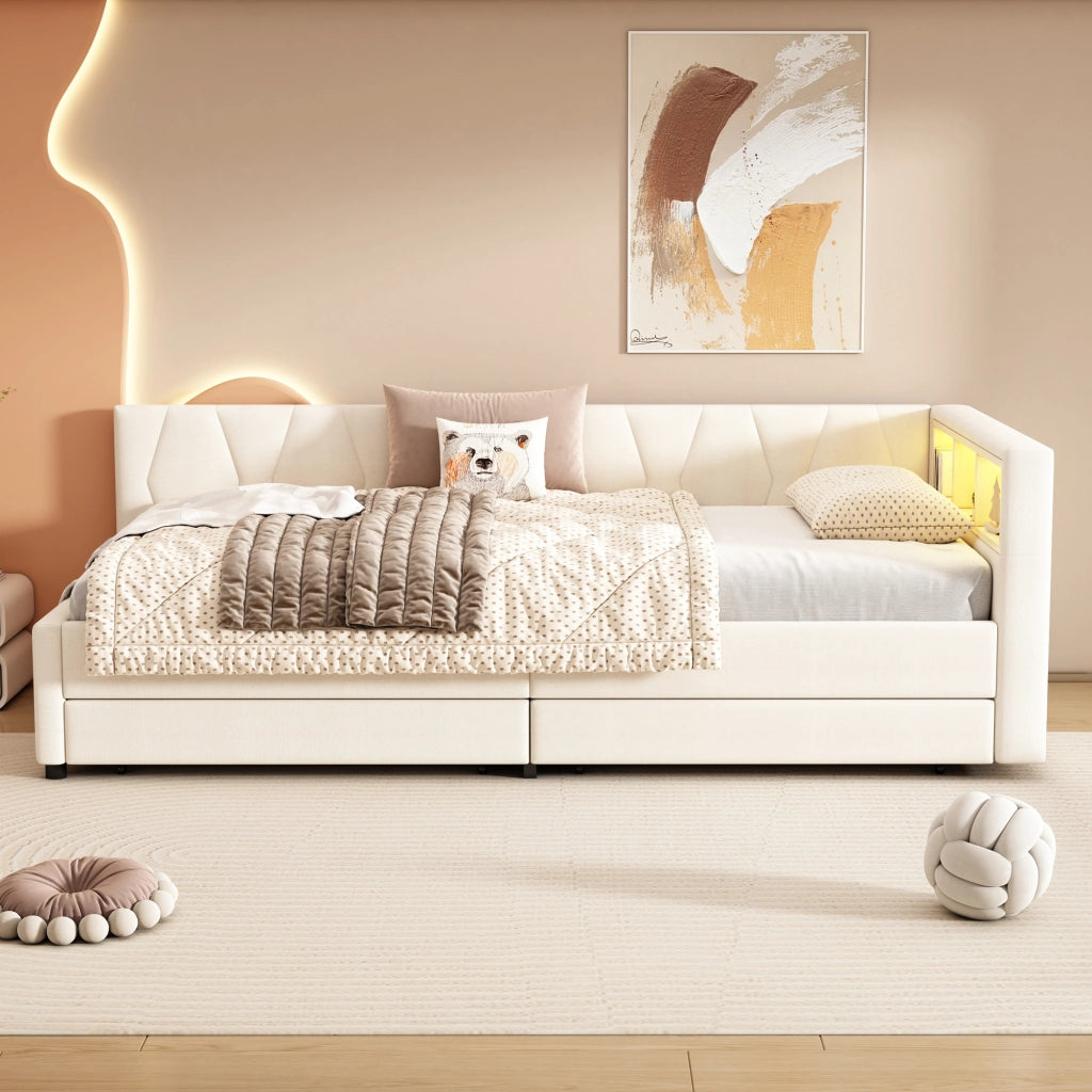 Letto singolo 90x200 con cassetti e vani; rete a doghe; lino grigio