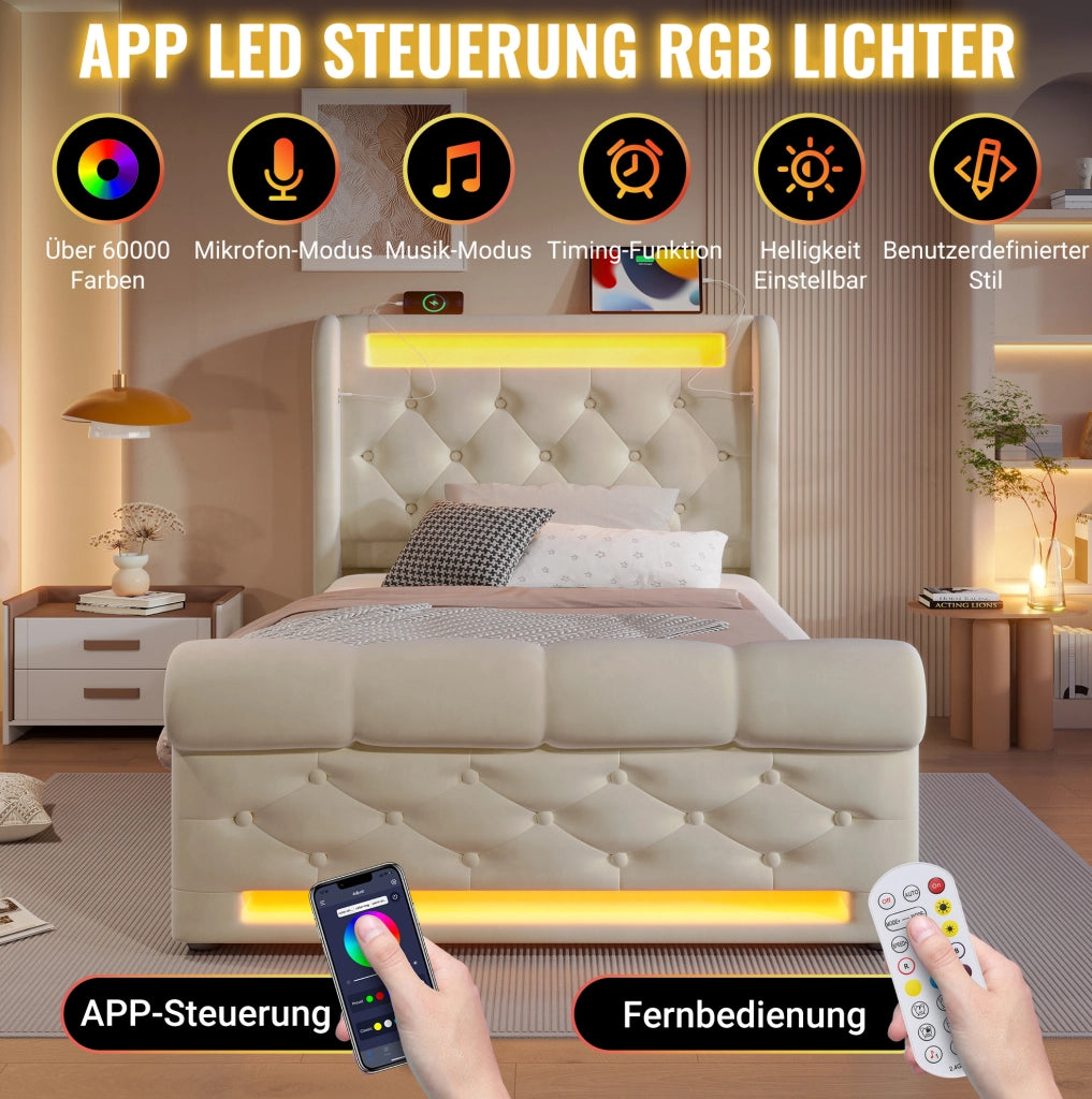 Letto imbottito con contenitore 90x200 cm in velluto beige, LED integrato e prese USB Type-C