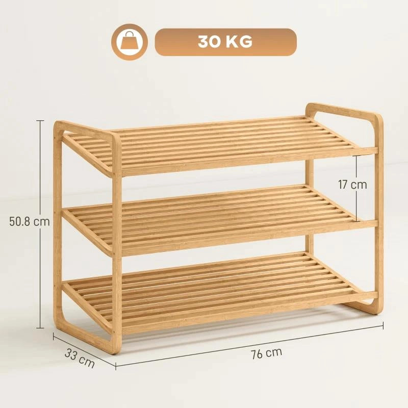 SCAFFALE SCARPIERA A 3 LIVELLI PER 12 SCARPE CON RIPIANI A DOGHE IN BAMB¨, 76X33X50.8 CM, COLORE LEGNO