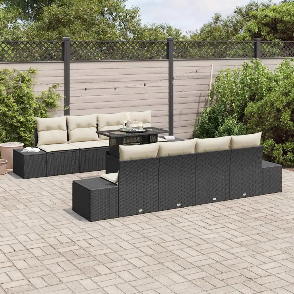 Set Divano da Giardino con cuscino 9 pcs Nero e Crema