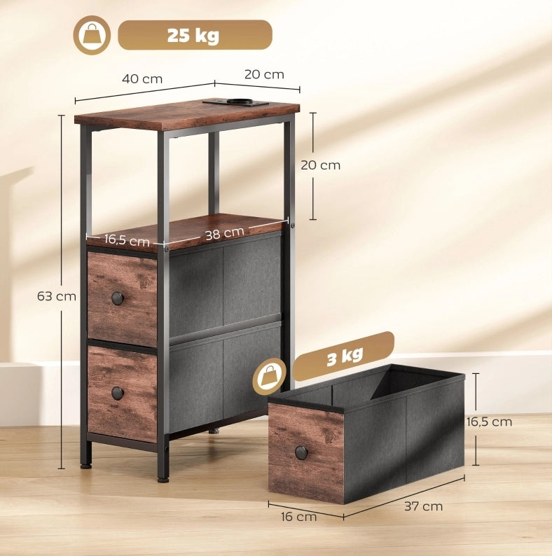 Tavolino 40x20x63 cm in legno e acciaio, marrone rustico, con ricarica