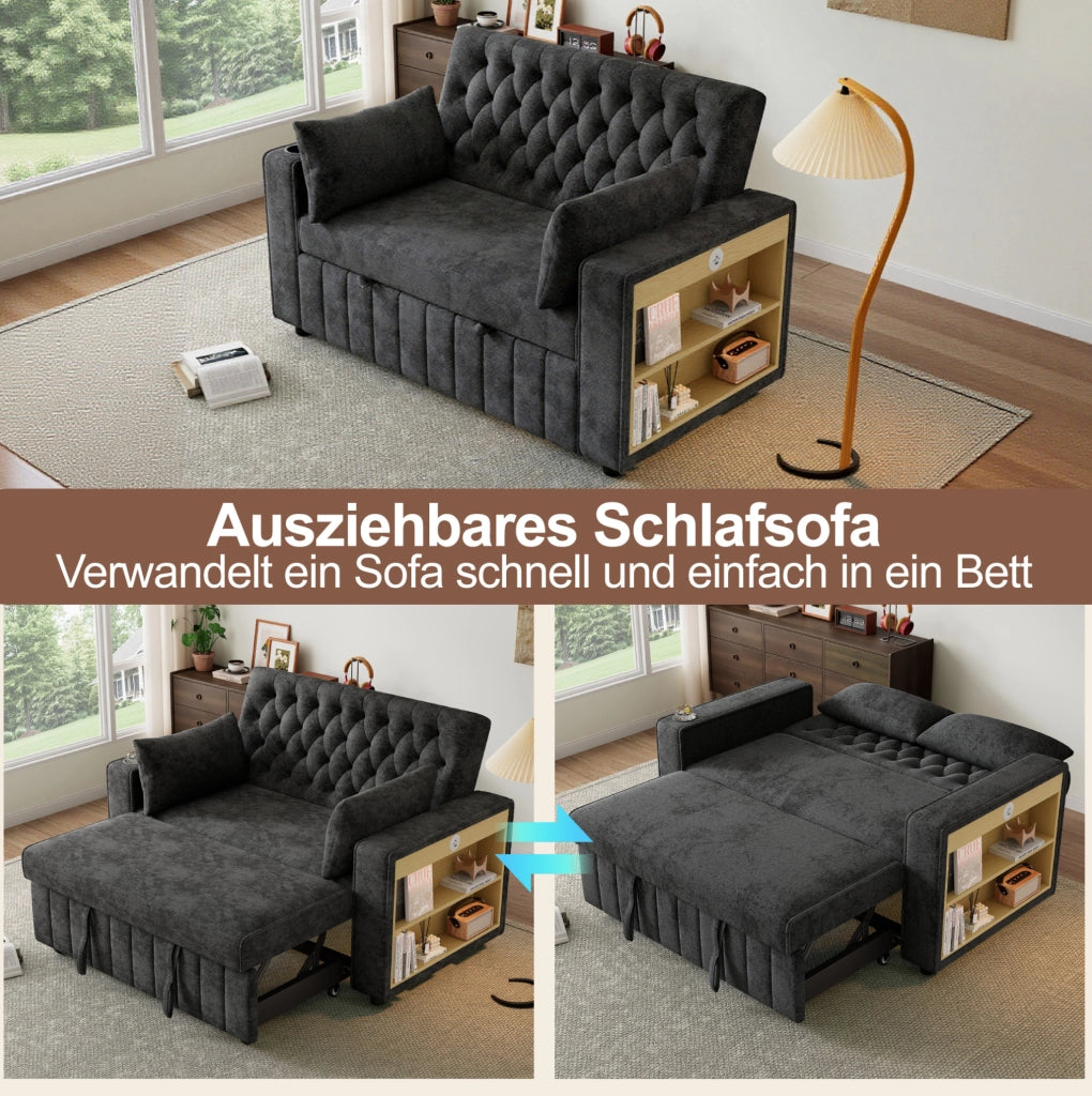 Divano letto multifunzionale 2 posti in tessuto chenille con schienale regolabile, porta bevande e porta USB, grigio
