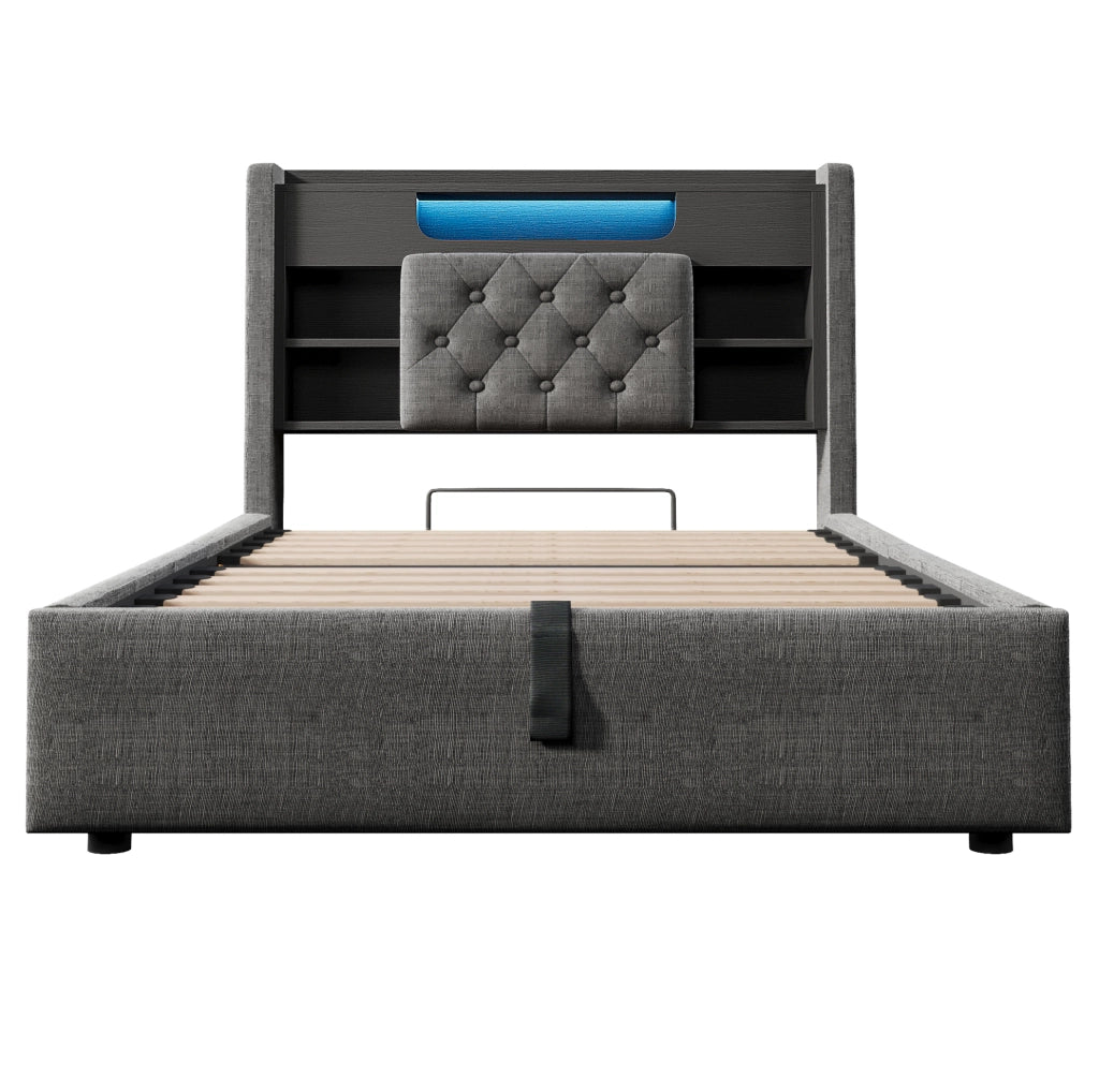 Letto contenitore 90x200 cm grigio con LED, USB/USB-C e testiera con ripiani