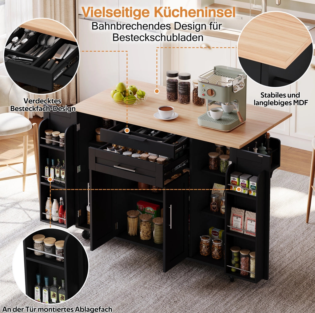 Carrello da cucina 120x45 cm con piano estensibile; MDF nero e naturale