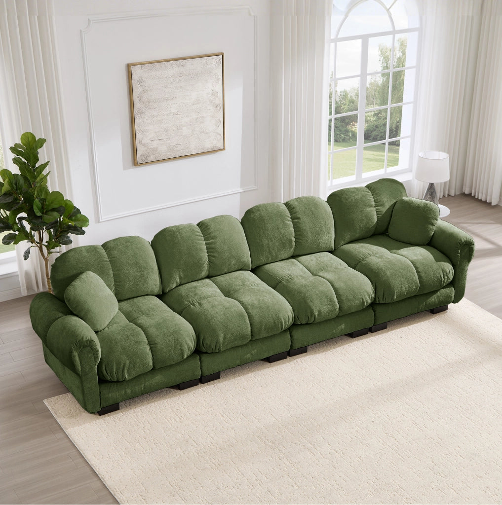 Divano modulare 330x86x90 cm in ciniglia verde con cuscini spessi