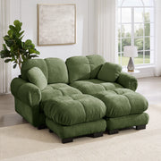 Divano panoramico modulare in ciniglia verde con pouf mobili e cuscini trapuntati 190 × 149 × 90 cm