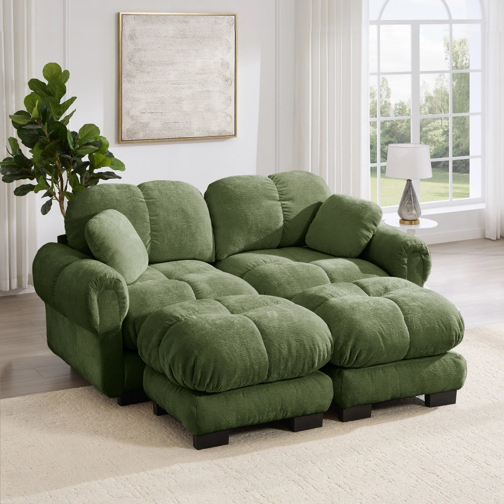 Divano panoramico modulare in ciniglia verde con pouf mobili e cuscini trapuntati 190 × 149 × 90 cm