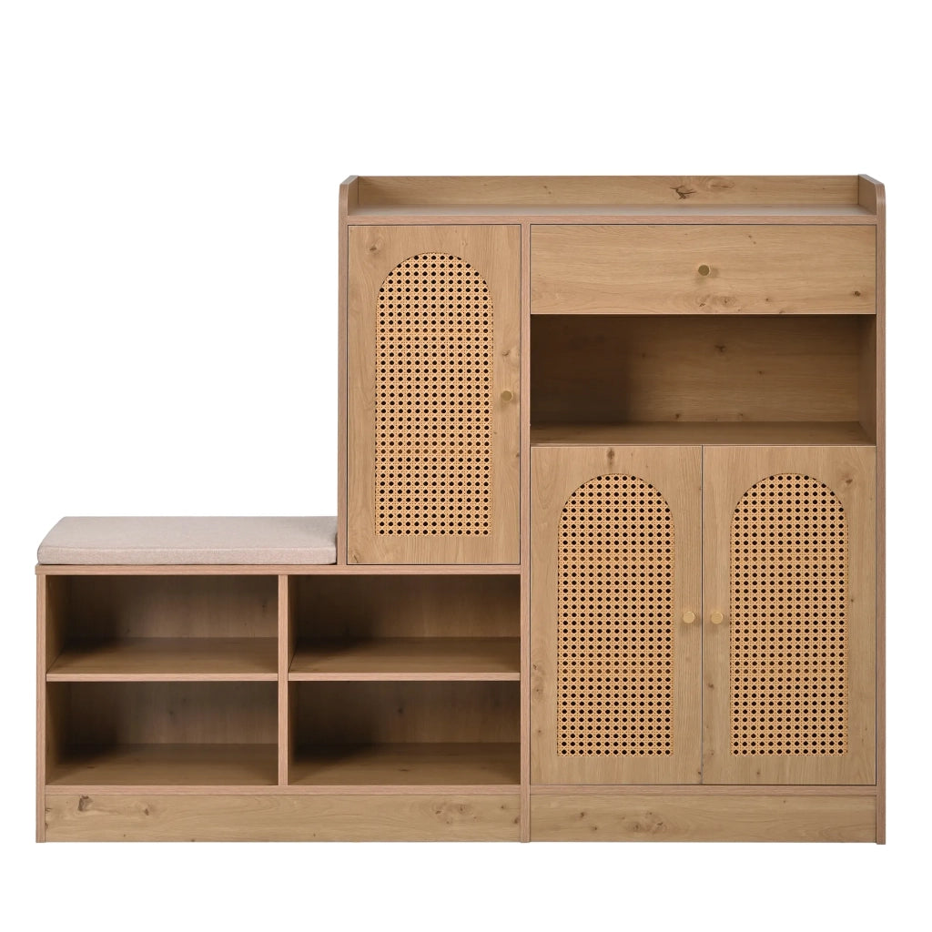 Scarpiera con panca imbottita, 3 ante in rattan intrecciato e 1 cassetto. Mobile contenitore multifunzione con ripiano scarpe per ingresso. Effetto legno, 142x35x110 cm