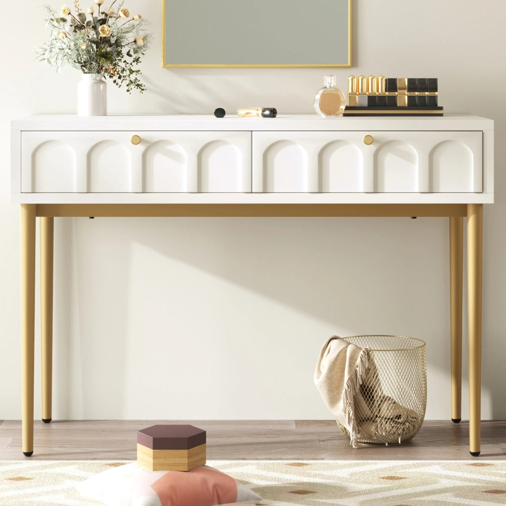 Toeletta con 2 cassetti 100x45x76;5 cm in pannello truciolare e metallo bianco crema