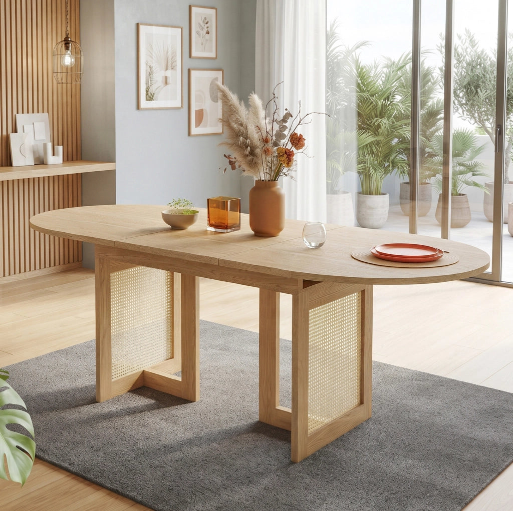 Tavolo da pranzo allungabile 120/160x80 cm con gambe in rattan color quercia, per 6-8 persone, con angoli arrotondati e piano spesso in MDF