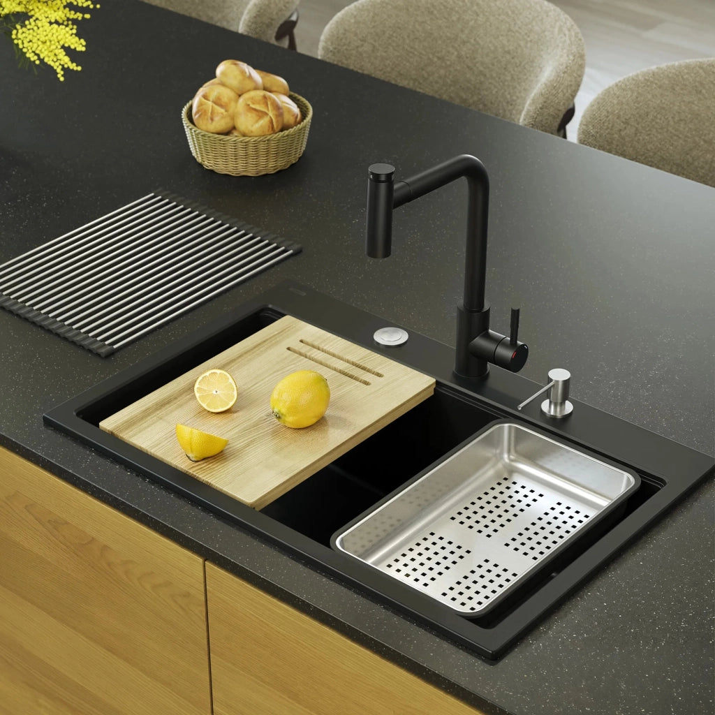 Lavello In Granito Marc 110 Workstation Black Tappo rame spazzolato