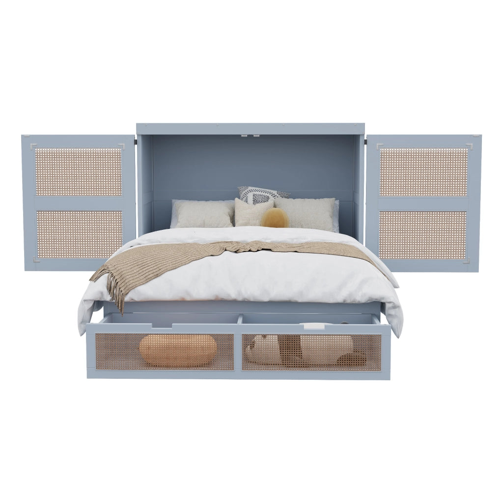 Letto a scomparsa 140 × 200 cm con cassetti e vano sottoletto in legno grigio con ante in rattan