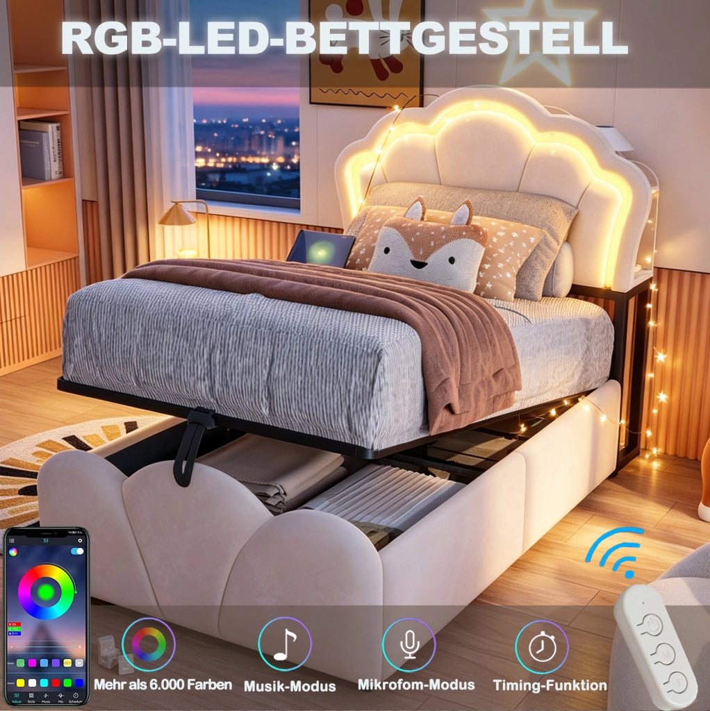 Letto singolo imbottito ULEVR 90x200 cm con contenitore idraulico, LED, prese integrate e rivestimento in velluto beige