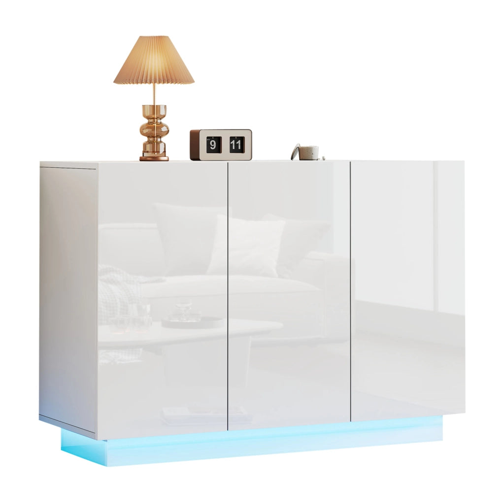 Madia 120x40x75 cm bianca con ante lucide; LED e ripiani regolabili HOMVRA