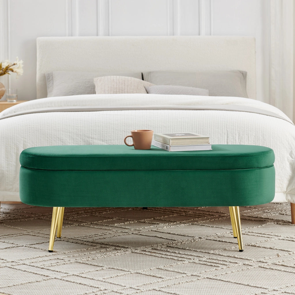 Panca contenitore multifunzione in velluto verde con telaio in legno massello e gambe in metallo, 110x40x42 cm, 20L di spazio