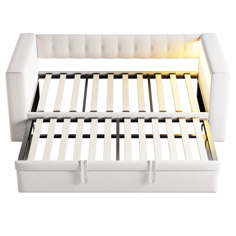 Letto imbottito 90x180x190 cm - Zephmum - LED, prese, ampio stoccaggio, beige