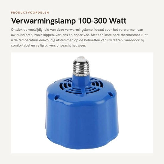 Lampada di riscaldamento per animali - 100-300 Watt - Funzione termostatica - Compatta - Lampada di riscaldamento per animali domestici - Adatta per suini e galline