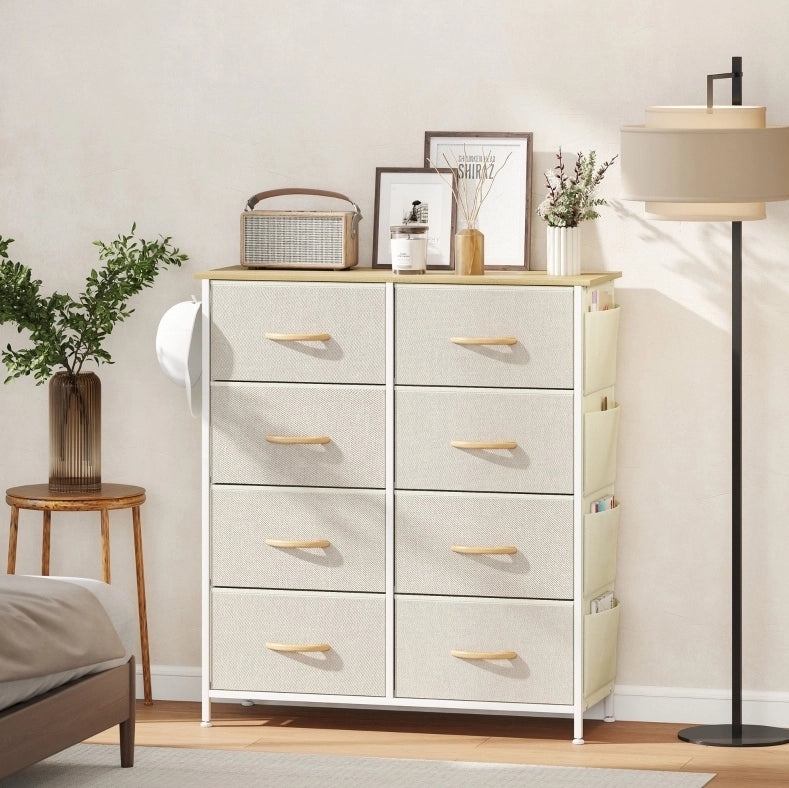 Comò con 8 cassetti in tessuto, struttura in acciaio e 4 tasche laterali beige, 86x30x94,5 cm