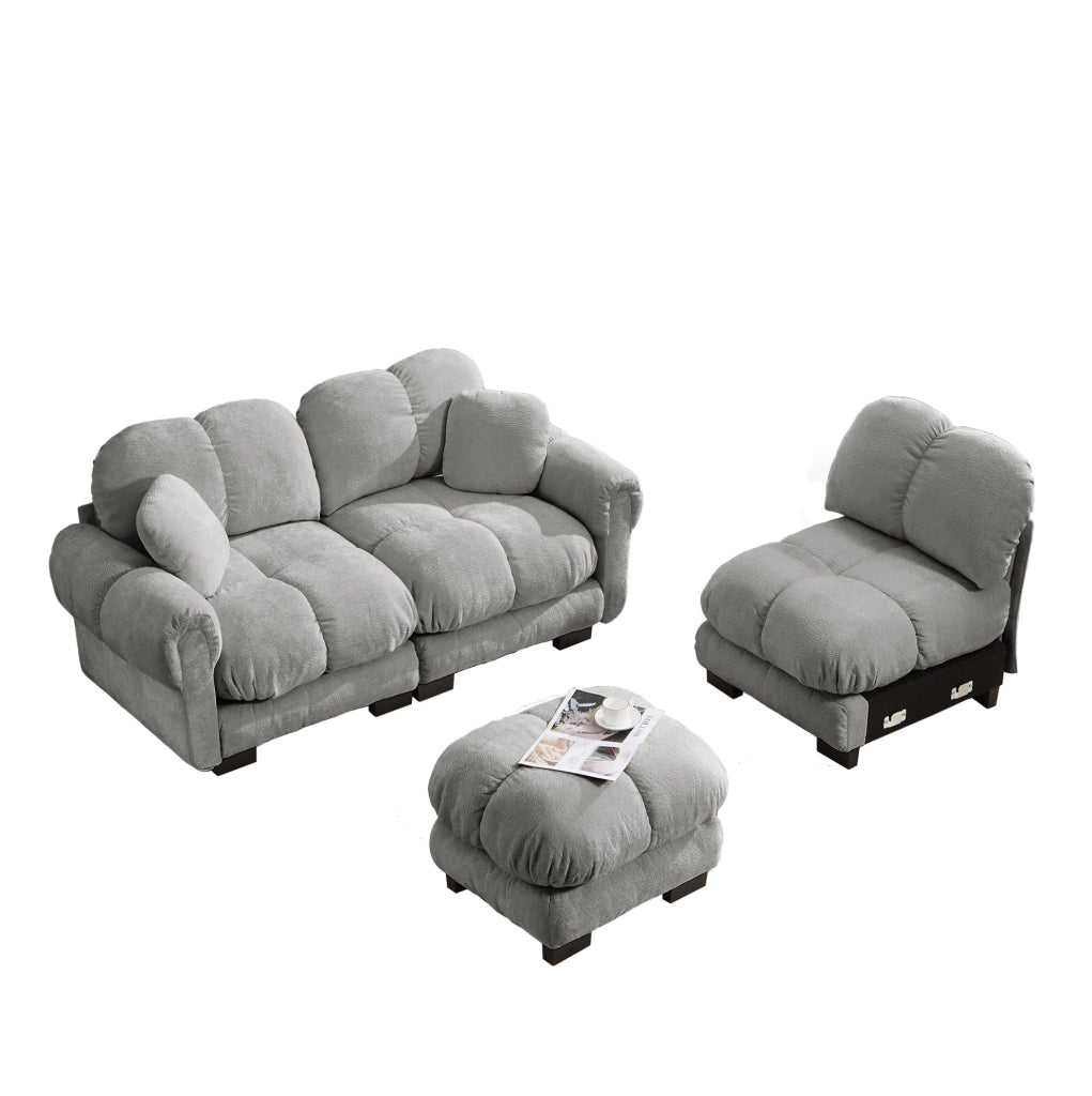 Divano angolare a L a 3 posti in tessuto chenille grigio chiaro con pouf mobile e 2 cuscini decorativi