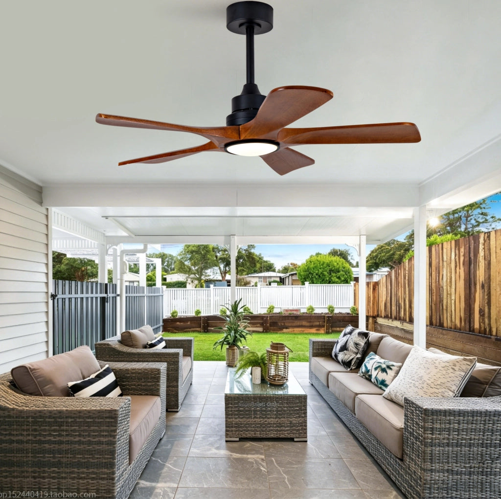Ventilatore da soffitto 42" con 5 pale in legno di Paulownia, illuminazione LED dimmerabile e telecomando, 6 velocità, funzione inversione, per soggiorno e patio
