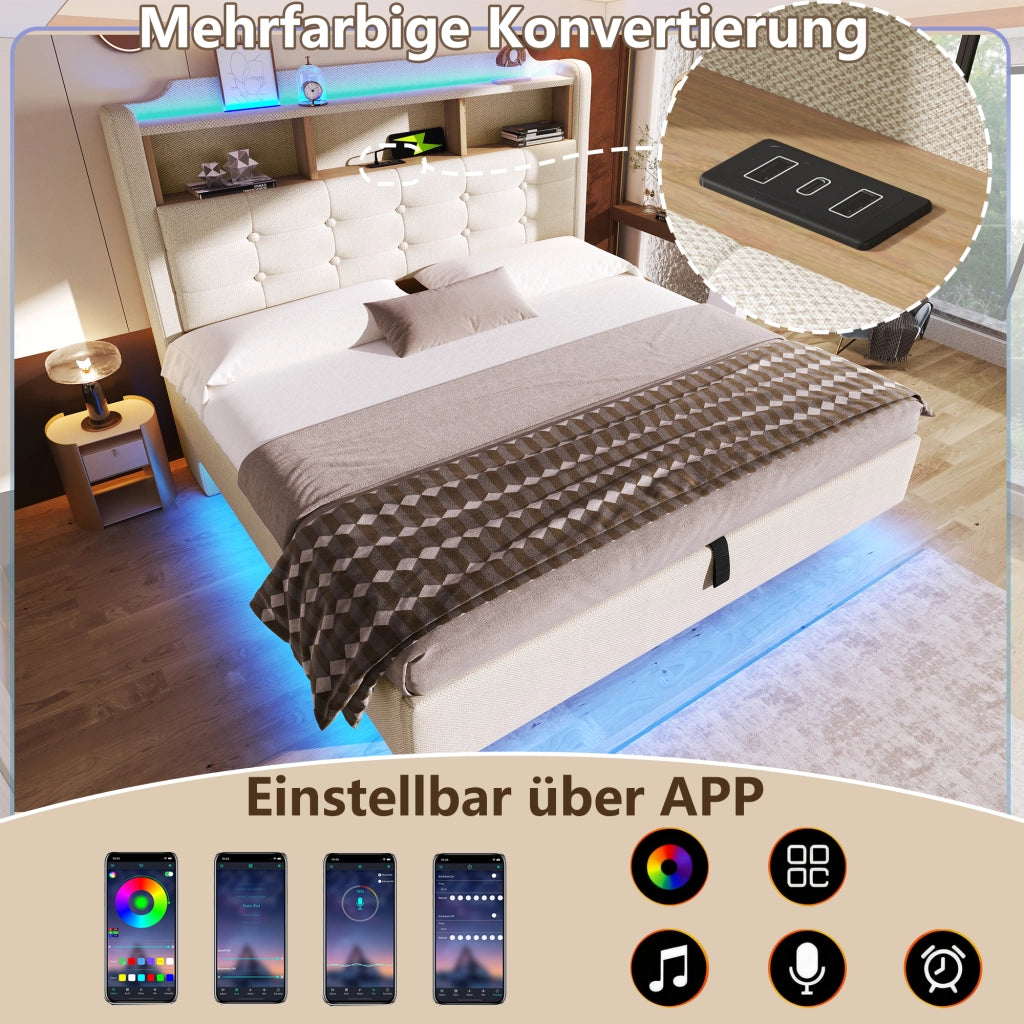 Letto matrimoniale 140 × 200 cm 2 posti con contenitore idraulico; LED; USB e porta tipo C; senza materasso; beige