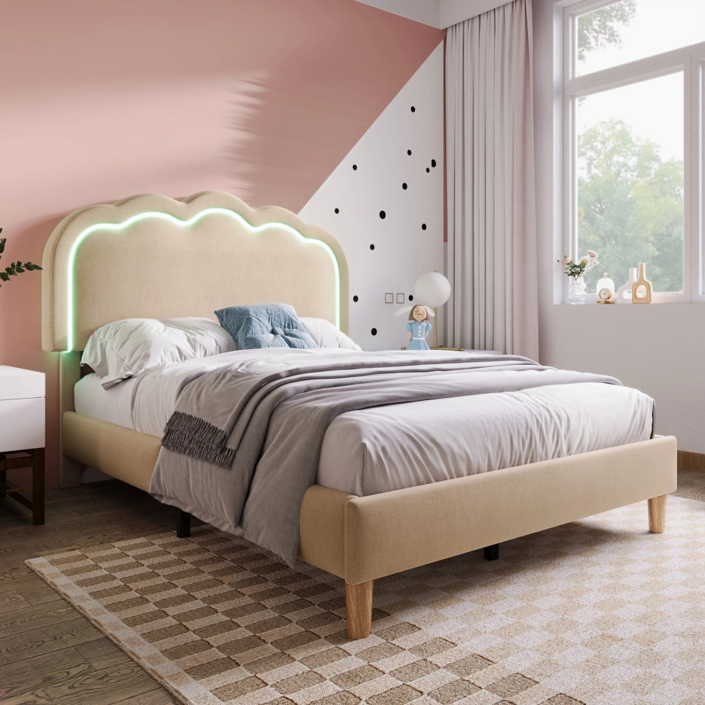 Letto singolo 90 × 190 cm con testiera LED regolabile imbottita in lino beige