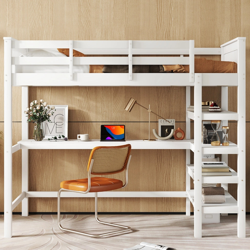 Letto a soppalco per bambini 90x200 cm con scrivania e scaffali; bianco
