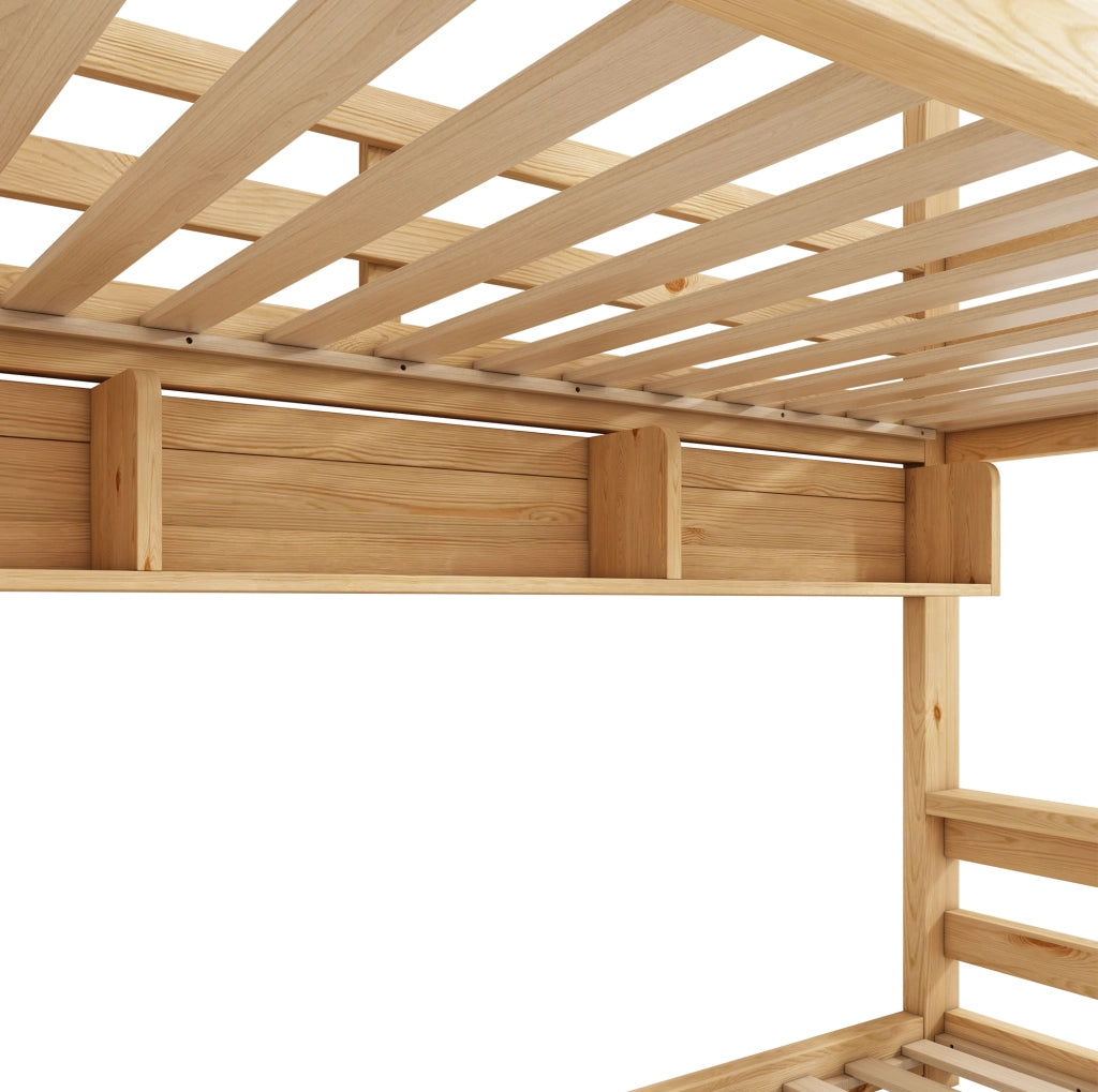 Letto a castello per bambini in legno naturale con scala e guardaroba integrato 90x200/140x200 cm, design sicuro e funzionale