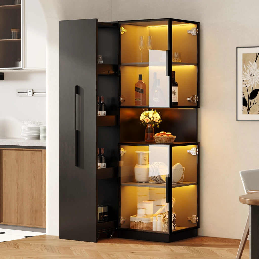 Vetrina nera in MDF e vetro con ripiani estraibili e LED multicolore 70 × 38 × 160 cm