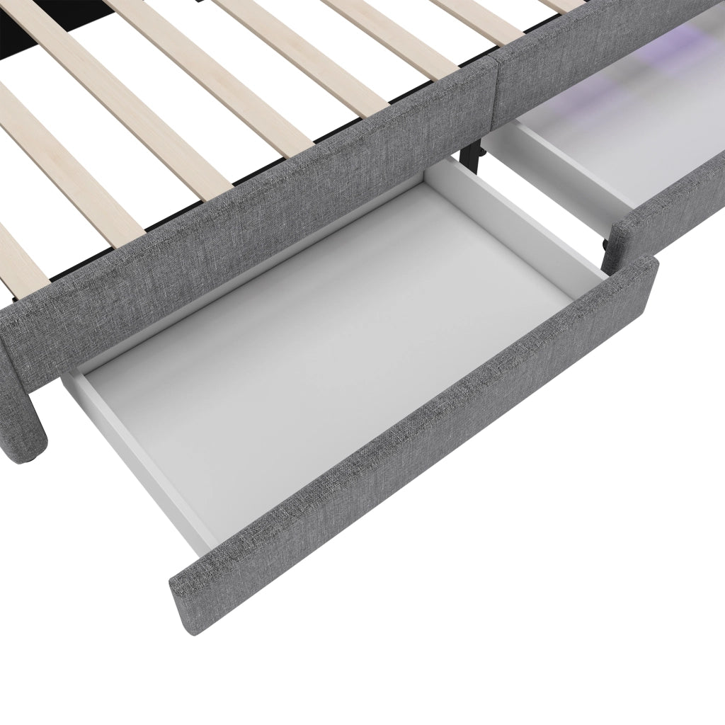 Letto con cassetti 90 × 200 cm con LED USB e Type-C in lino e MDF grigio con vani nella testiera