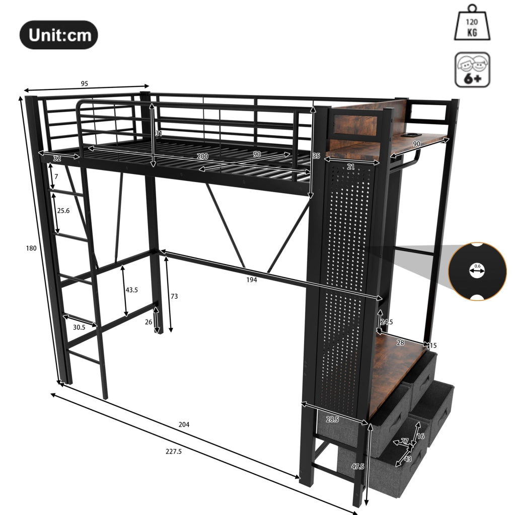 Letto a soppalco 90x200 cm con 4 cassetti; LED e USB Type-C in metallo e MDF
