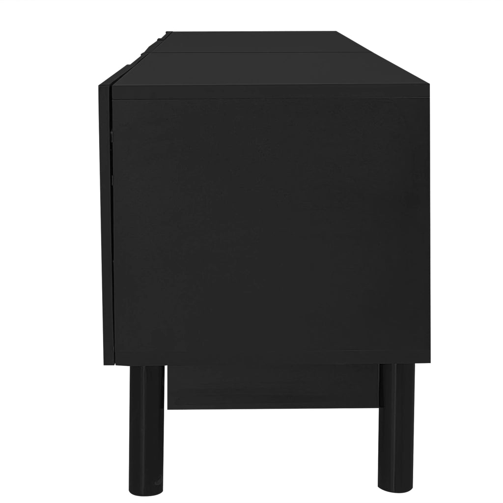 Mobile porta televisore nero a quattro ante con ripiani e gambe stabilizzanti, 169 x 34 x 45,5 cm