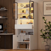 Vetrina verticale 70x30x200 cm con LED; ante in vetro e cassetto; bianca