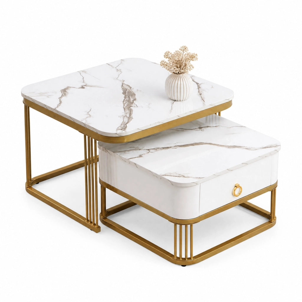 Set di Tavolini Impilabili con Aspetto Marmo Lucido e Accenti Dorati, Tavolino con Cassetto, Bianco e Oro
