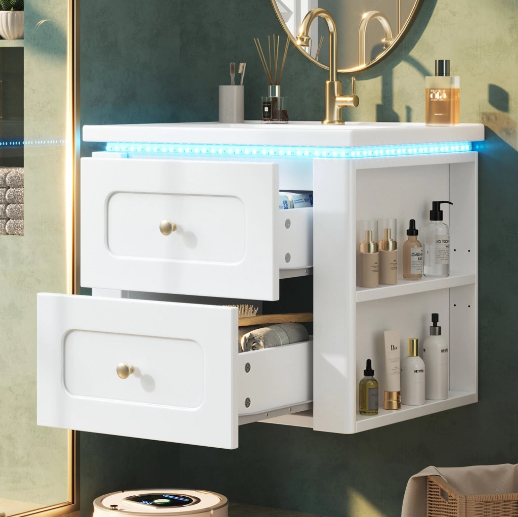 Mobile sottolavabo sospeso 61x47x50 cm in MDF bianco con LED e contenitore