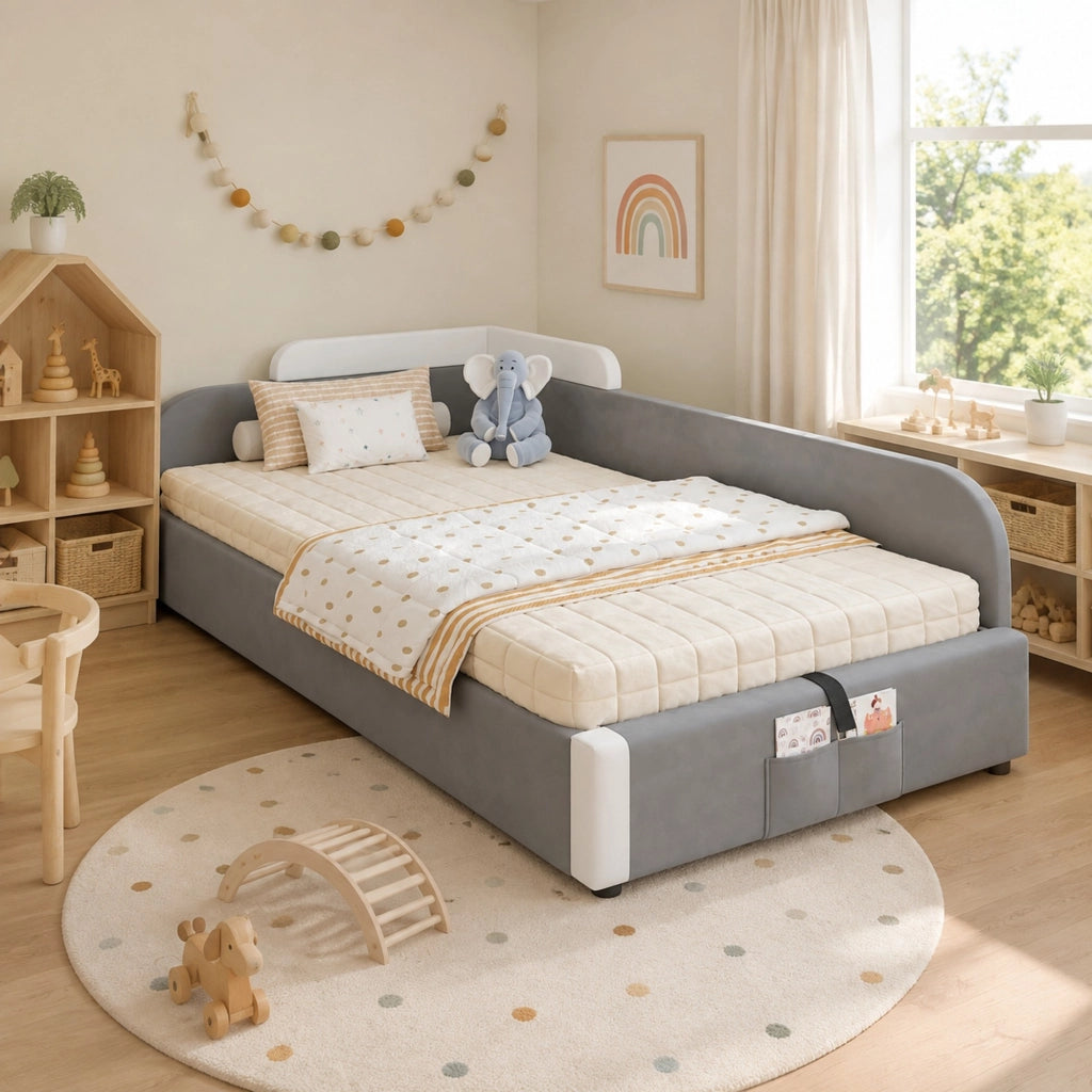 Letto contenitore 90 × 200 cm con sollevamento idraulico e barriera imbottita in velluto grigio