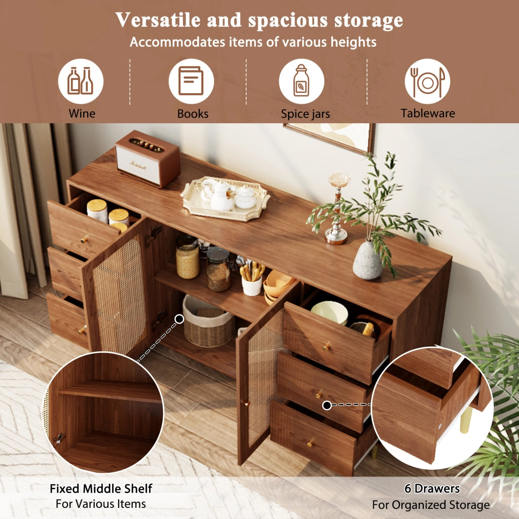 Madia per soggiorno con sei cassetti e due ante in MDF con porte in rattan color legno 160 × 40 × 90 cm