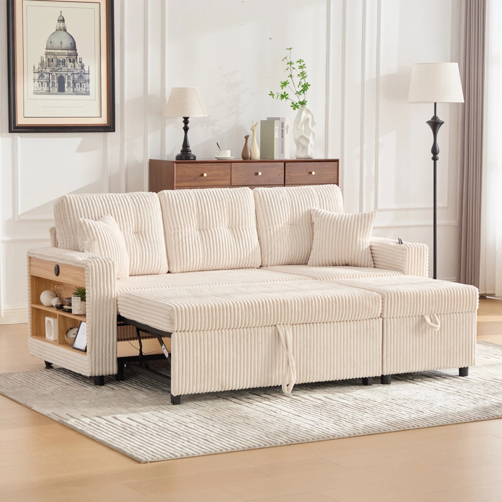 Divano letto estraibile in velluto a coste beige con vano contenitore USB-C e LED 196 × 82–144 × 85 cm