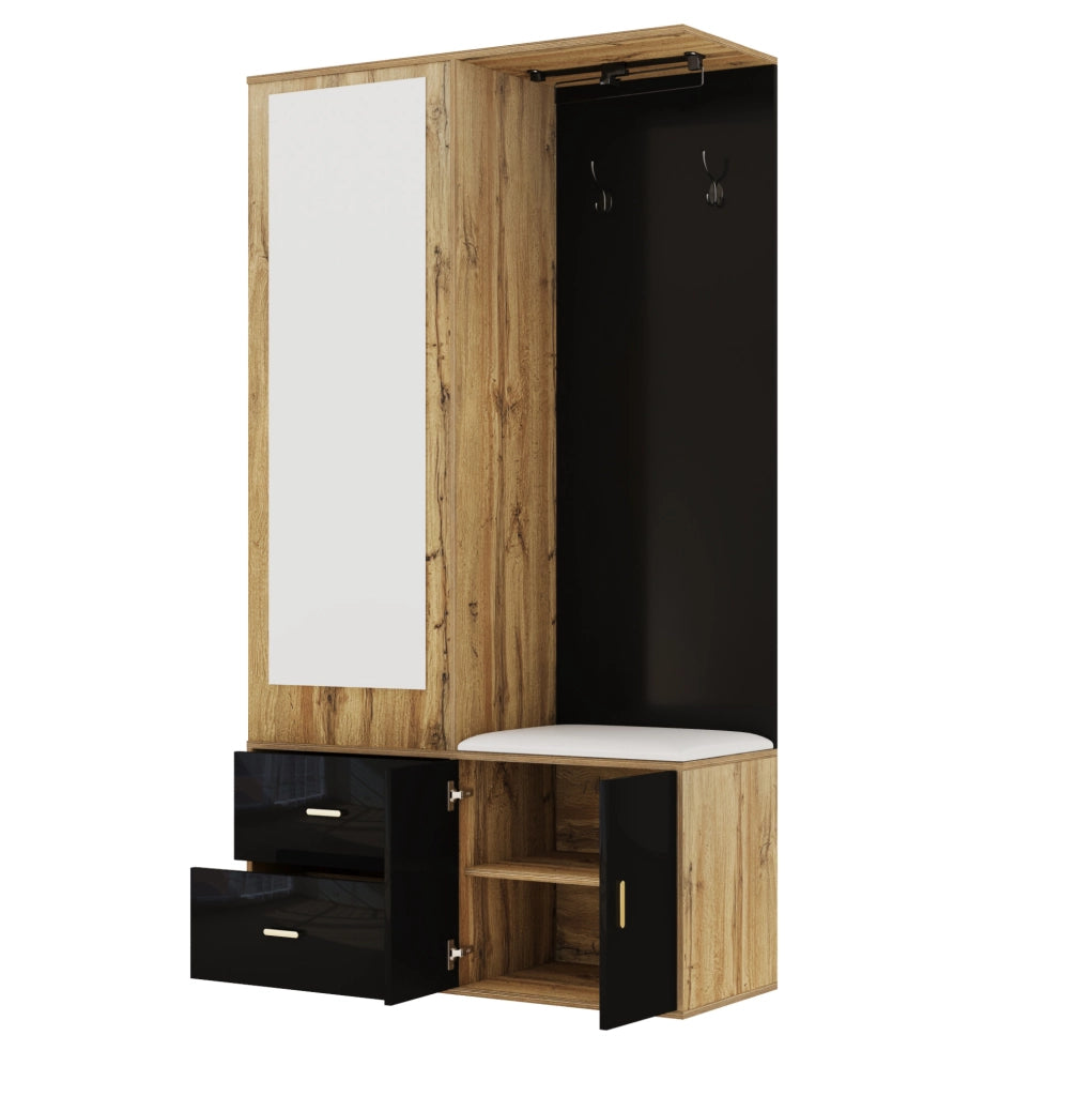Mobile guardaroba con specchio e panca; 100 ¡Á 38 ¡Á 180 cm; nero e naturale
