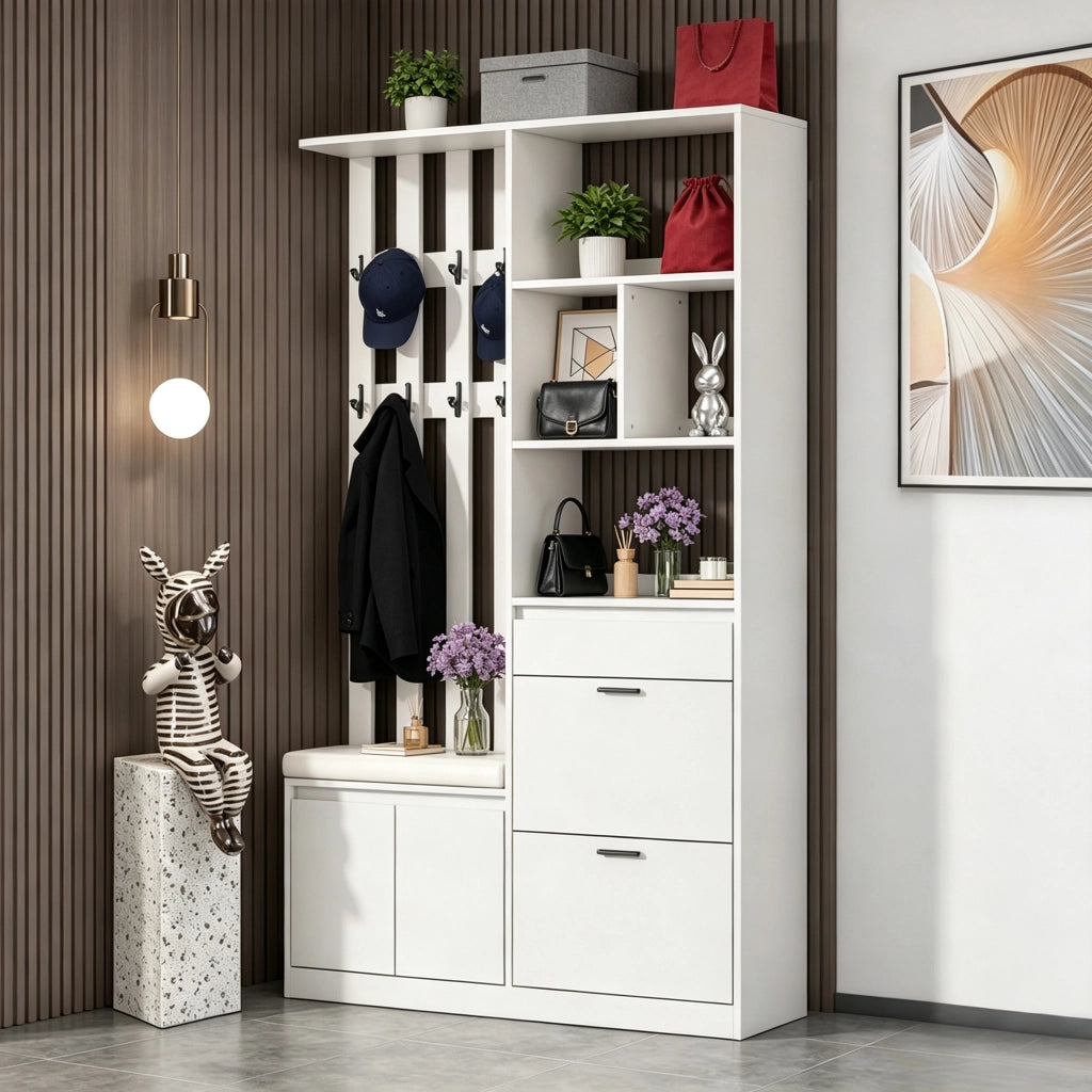 Guardaroba da ingresso bianco in mdf 120x30x200 cm; mobile ingresso con panca imbottita; scarpiera a ribalta e 10 ganci